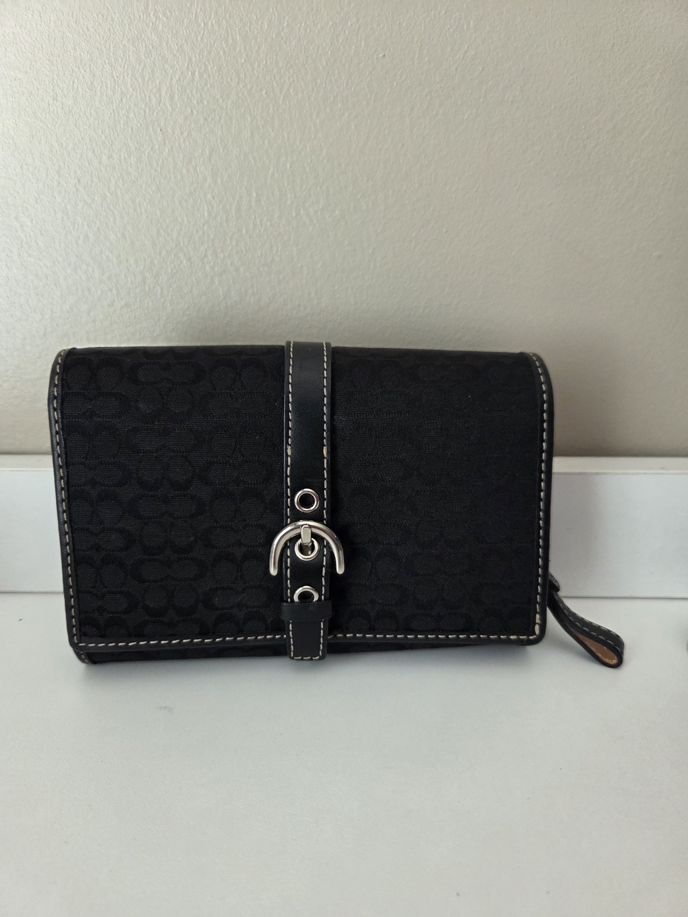 Vintage Coach Black Signature Pattern Wallet with Buckle Detail